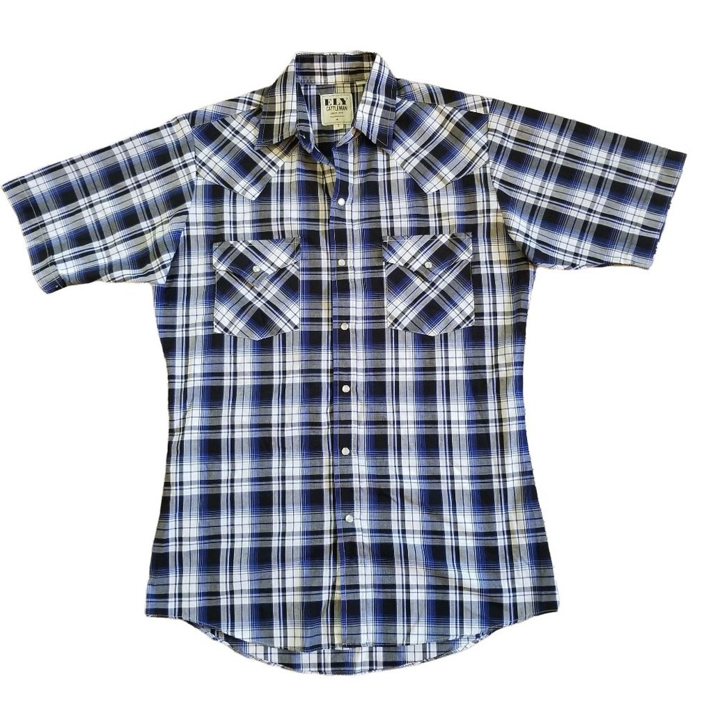 Ely Cattleman S Blue Plaid‎ Shirt Pearl Snaps Western Cowboy Rockabilly Rodeo